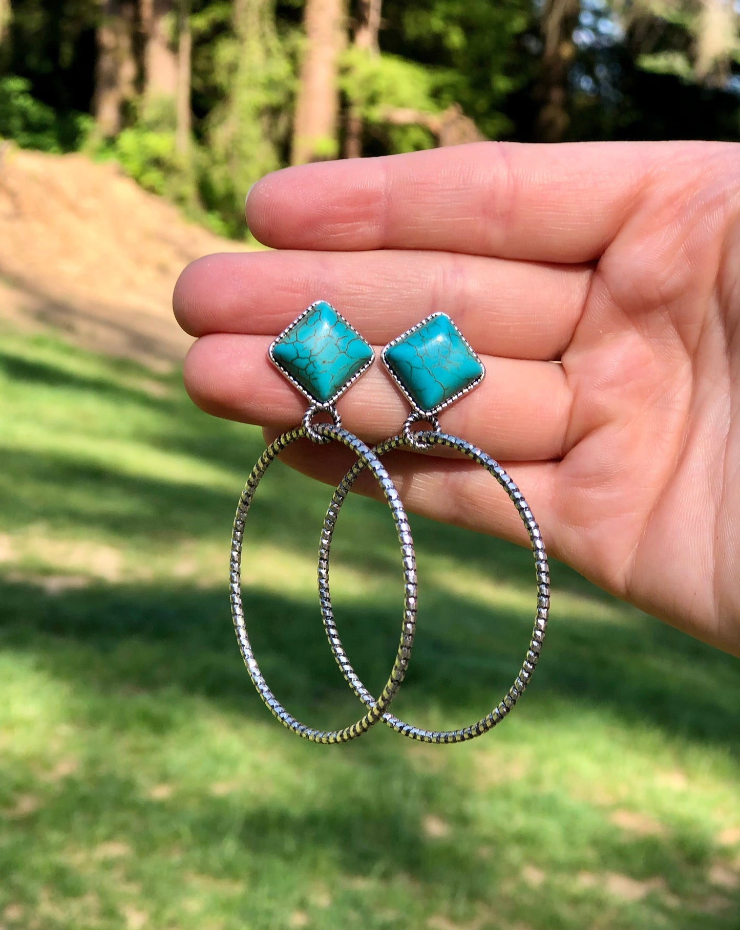 Turquoise Diamond Head Hoop Earrings